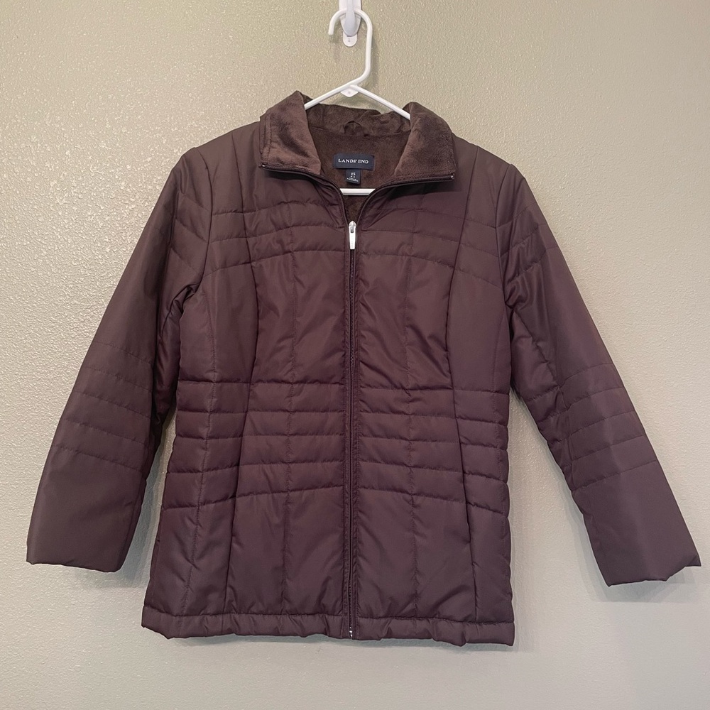Lands’ End Brown Quilted Puffer Fleece Lined Jacket Size XS